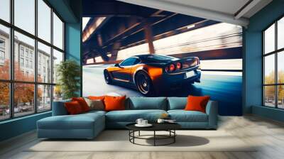 Black and orange sports car driving down the road in tunnel with blurry background. Generative AI. Wall mural