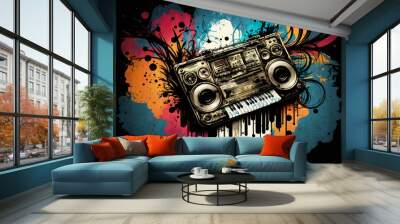 Boombox is painted on grunge background. Generative AI. Wall mural