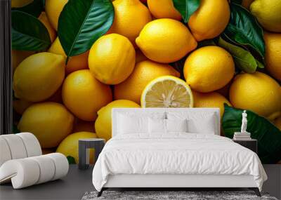 Bunch of lemons are piled together with one lemon cut in half. Wall mural