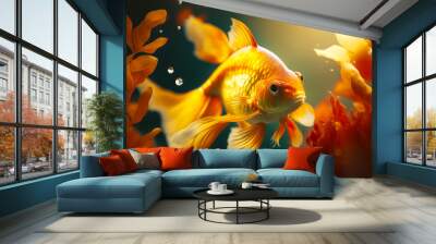 Close up of goldfish in aquarium with water droplets on it. Generative AI. Wall mural