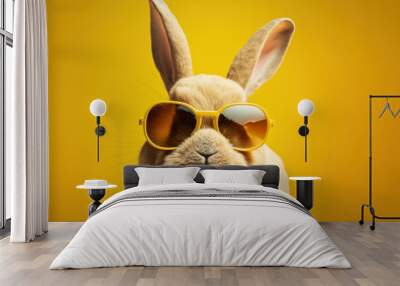 Close up of rabbit wearing sunglasses on yellow background with yellow background. Generative AI. Wall mural