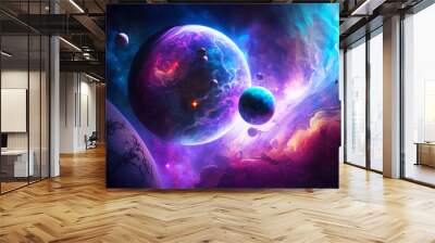 Colorful space scene with planets and star in the center of the image and bright star in the center of the image. Generative AI. Wall mural