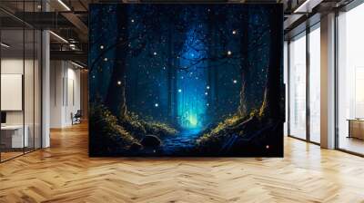 Dark forest with fireflies in it. Generative AI. Wall mural