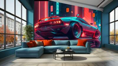 futuristic car driving down a city street at night. Generative AI. Wall mural