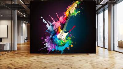 guitar with colorful paint splatters on it. Generative AI. Wall mural