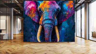 Image of elephant with colorful tusks and vibrant background. Wall mural