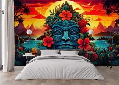 Image of tiki with flowers in his hair. Wall mural