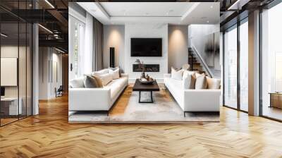 Living room with large tv on the wall and three couches sitting below it. Wall mural