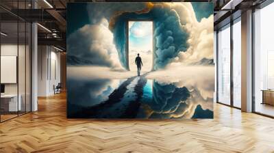 Man is walking out of open door into surreal sky filled with clouds. Generative AI. Wall mural