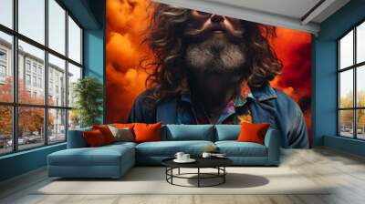 Man with long hair and sunglasses on his head with beard. Wall mural