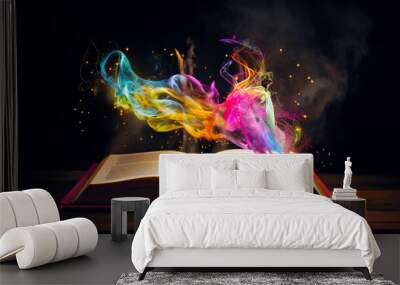 Open book with colorful smoke coming out of it on wooden table. Generative AI. Wall mural