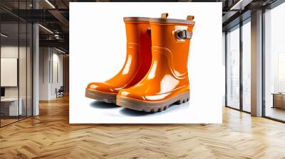 Pair of orange rain boots sitting on top of white floor next to each other. Generative AI. Wall mural