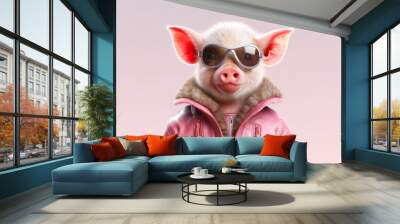 Pig wearing pink leather jacket and goggles with pink background. Generative AI. Wall mural