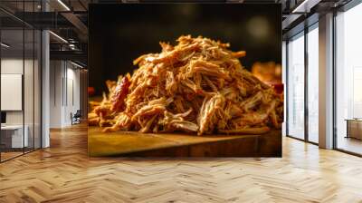 Pile of shredded meat sitting on top of wooden cutting board on top of table. Generative AI. Wall mural