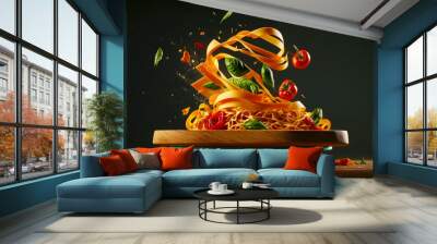 Plate of pasta with tomatoes, basil, and other ingredients falling out of it. Generative AI. Wall mural