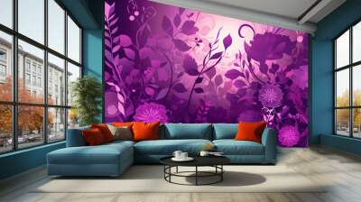 Purple floral background with lots of purple flowers and leaves on purple background. Generative AI. Wall mural