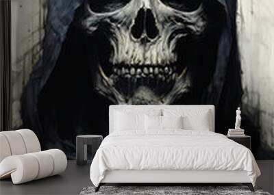 Skull wearing hooded jacket and hoodie with hood on. Wall mural