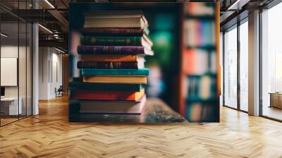 Stack of books on table in front of bookshelf. Generative AI. Wall mural