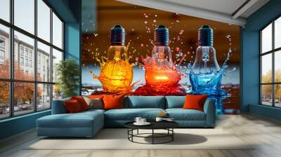 Three bulbs are in water and they light up in different colors. Wall mural