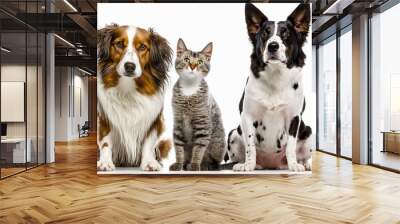 Two dogs and cat sitting next to each other in front of white background. Generative AI. Wall mural