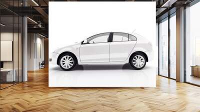 White car on white background with black stripe on the side of the car. Generative AI. Wall mural