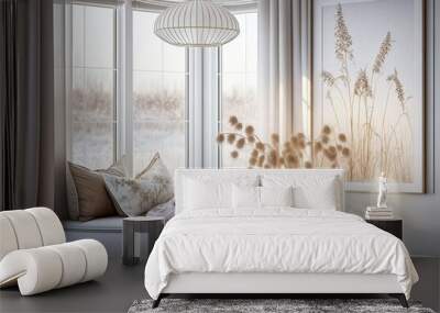 White living room with window seat and pillows. Generative AI. Wall mural