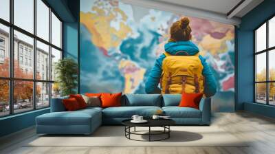 Woman wearing blue coat and yellow backpack is standing in front of world map possibly daydreaming about traveling to new destinations. Wall mural