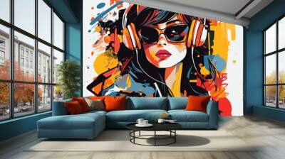 Woman wearing headphones and jacket with headphones on her head. Wall mural