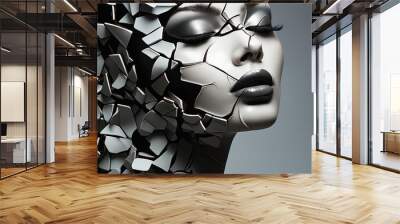 Woman with black and white makeup and broken face is shown. Wall mural