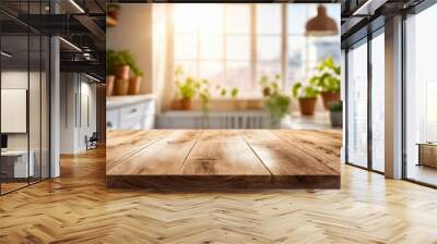 Wooden table in room with potted plants on and near it. Wall mural