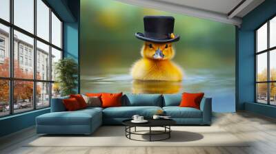 Yellow duck wearing top hat in the water with reflection on the water. Generative AI. Wall mural