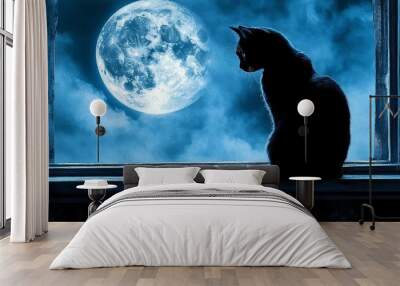 A black cat sits in a window, silhouetted against a large full moon in a cloudy night sky, creating a mystical and Halloween like atmosphere Wall mural