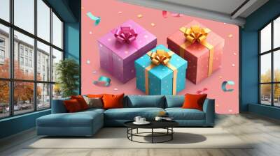 a group of three colorful gift boxes with ribbons Wall mural