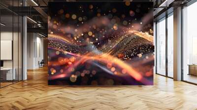 abstract image of creative glittering colorful wave curvy line design elements with minimal texture reflecting on isolated on black Wall mural