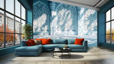 Abstract light blue background with beautiful shadow of Muslim ornament on the wall. Wall mural