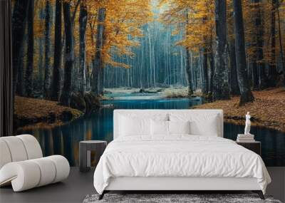 Autumnal forests with deep blue River Wall mural