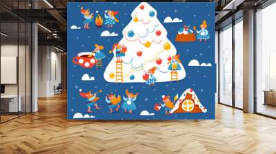 Cartoon Christmas hygge card with funny gnomes and lettering and Christmas tree. Wall mural