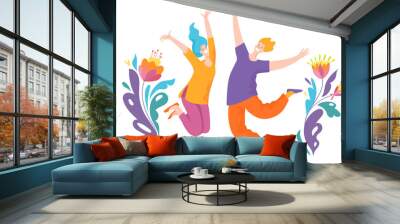 Happy jumping people who reach the goal. Wall mural