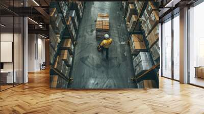 High angle view of a warehouse employee moving goods Wall mural