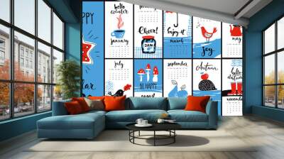 Modern style hand drawn cartoon vector 2020 calendar with monthly symbols in cool colors Wall mural