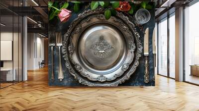 Overhead view of a vintage place setting with a pewter plate and cutlery Wall mural