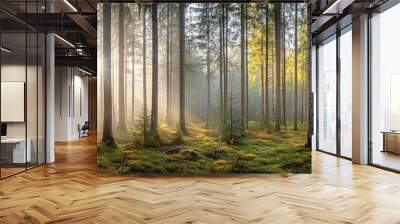 Panorama, spruce forest in autumn with fog, sun shining through the tree trunks Wall mural