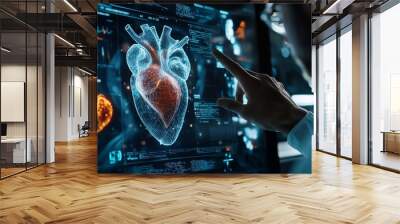 Futuristic medical technology: doctor examining 3D holographic projection of human heart with brain scan, showcasing advanced diagnostic tools in cardiology. Wall mural