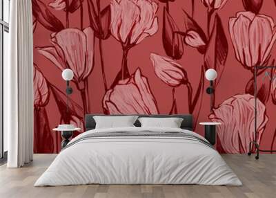 Seamless pattern with graphic flowers. Botanical design for fabric, textile, wallpaper and packaging  Wall mural