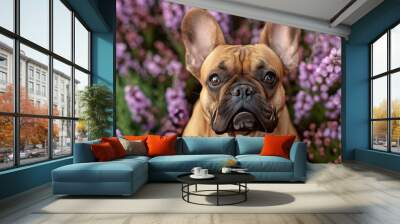 Top view of beautiful small brown French Bulldog dog sitting in a field of purple blooming heather 'Calluna vulgaris' plants Wall mural