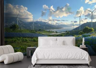 Visual depiction of renewable energy solutions, with wind turbines and solar panels in a sustainable landscape Wall mural