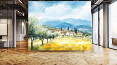 Watercolor illustration landscape view of countryside panorama with olive trees, old farmhouses Wall mural