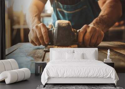 Young carpenter using sander while working on a piece of wood. Wall mural