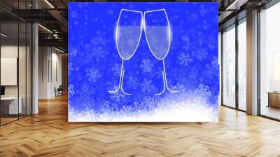 Two Sparkling Glasses on Blue Falling Snowflake Background. Champagne Celebration. Happy New Year. Alcoholic Fizzy Drink. Congratulations. Cheers. Wall mural