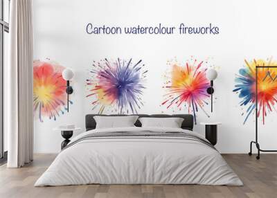 Set of vector watercolor fireworks. Birthday, New Year, celebration decor.  Wall mural